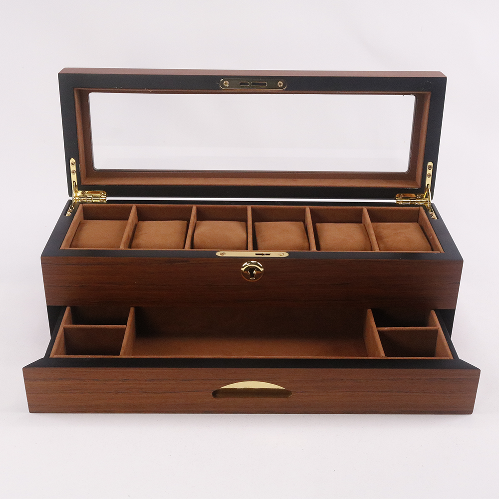 Custom watch box structure design — walnut wood two-layer watch box with black frame, glass lid, six suede-lined compartments and a pull-out accessory drawer