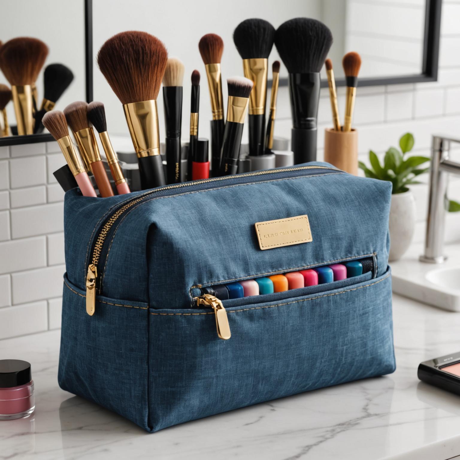 Flocking Denim Makeup Bag, denim makeup bag, cosmetic bag, makeup organizer, denim zipper pouch, flocking fabric bag