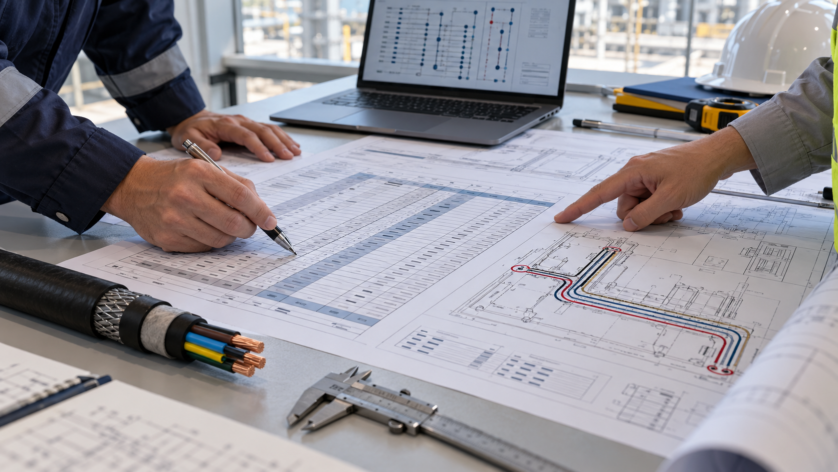 cable schedule RFQ fields reviewed beside a cable route drawing by JINCHUAN Cable